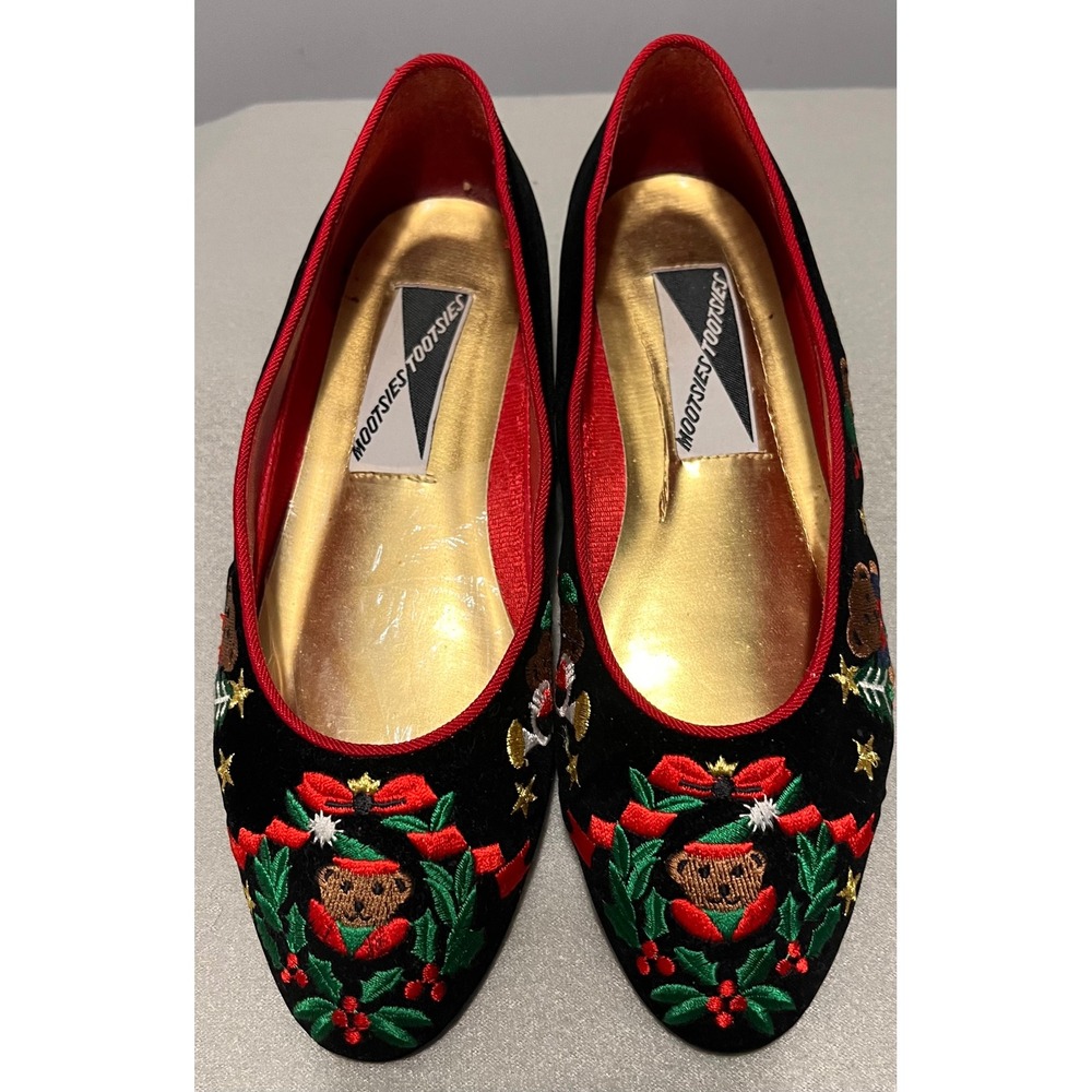 Mootsies Tootsies Womens Christmas Teddy Bear Embroidered Velvet Ballet Flats 6M